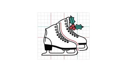 Christmas Ice Skates with Holly Berries and Leaves - Winter Holiday Illustration