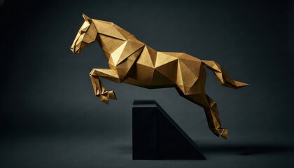 Powerful Golden 3D Origami Horse jumping high over an obstacle. Majestic Papercraft Symbol of Success for 2026