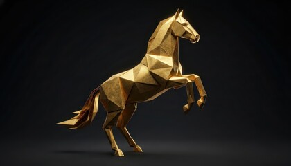 Powerful Golden 3D Origami Horse rearing up on hind legs. Majestic Papercraft Symbol of Success for 2026