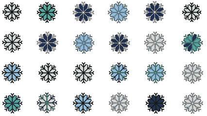 Set of twenty-four stylized snowflake icons in various colors and outlines