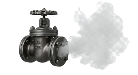 Industrial metal gate valve with abstract white cloud shape against dark background