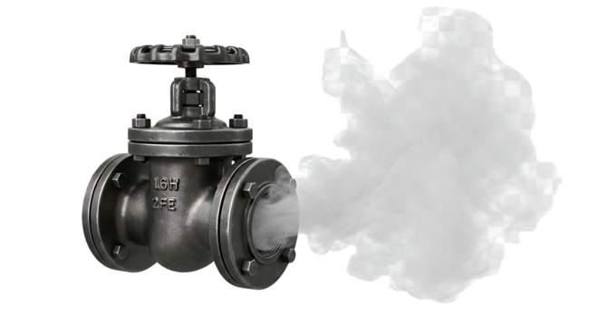 Industrial metal gate valve with abstract white cloud shape against dark background - Powered by Adobe