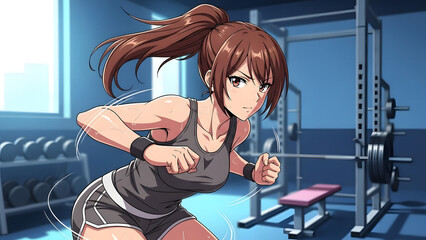 Fitness enthusiast: A determined woman, with focused energy, engages in an intense workout routine within a gym, displaying dedication to fitness and well-being.