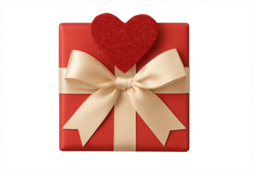 Red gift box with heart and ribbon, transparent background