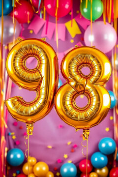 Birthday balloon number ninety eight, golden letter figure 98 celebration background AI Generative