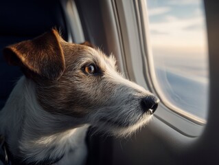 Jack Russell Terrier Dog Looking Out Airplane Window at Sunset