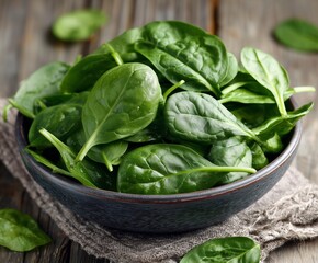 Fresh Raw Baby Spinach Leaves in a Bowl on Rustic Wooden Table