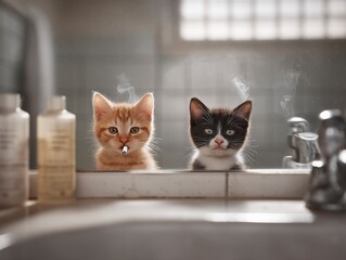 Two Kittens Looking in Bathroom Mirror with Smoke Reflection
