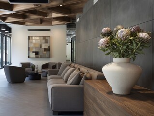 Upscale Waiting Room Design with Wooden Slat Accents and Soft Lighting
