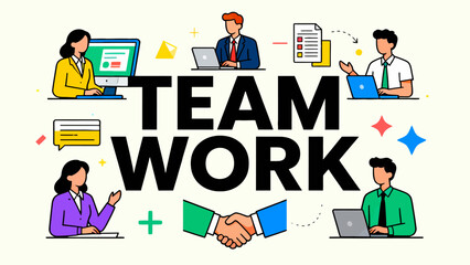 This vibrant corporate illustration features large "TEAM WORK" text surrounded by professionals to visually represent collaboration, productivity, and unity in a workplace setting.