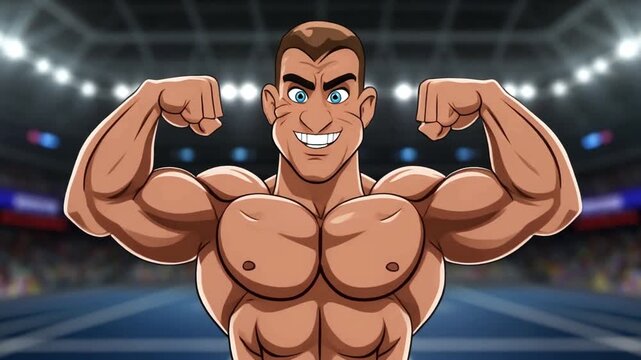 Animated Muscular Bodybuilder Flexing Biceps in a Stadium.