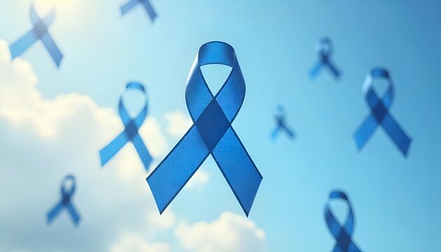 Blue awareness ribbons soaring against the sky, representing hope and support for colorectal cancer awareness initiatives - Powered by Adobe