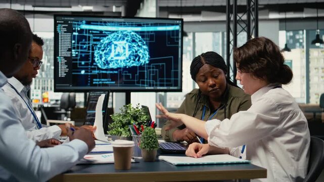 AI company software developers discussing tech roadmap during briefing session. Management executives developing apps using deep learning, brainstorming how to improve company system metrics, camera A