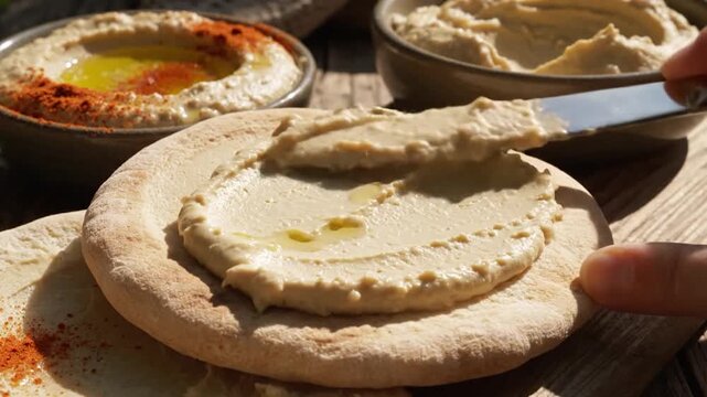 Spreading creamy hummus on fresh pita bread, a delicious Middle Eastern snack.