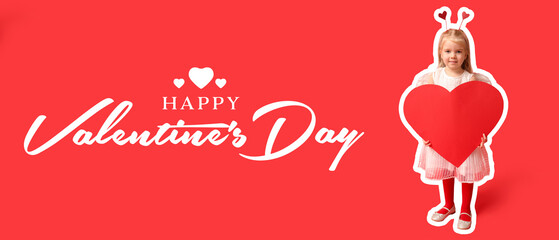 Naklejka premium Cute little girl dressed as cupid with paper heart on red background. Valentine's Day celebration