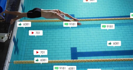 Diving swimmer in black jammers, white cap and goggles over turquoise pool with social icons