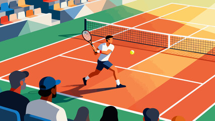 This vibrant illustration shows a tennis player hitting a ball on a grass court, with a cheering crowd in the stadium stands, capturing the sport’s dynamic, energetic atmosphere.
