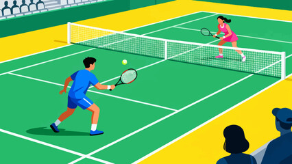 This vibrant illustration shows a tennis player hitting a ball on a grass court, with a cheering crowd in the stadium stands, capturing the sport&rsquo;s dynamic, energetic atmosphere.
