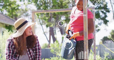 Watering woman and girl pouring water in backyard, orange gloves, watering can, AR overlays