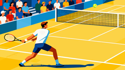 This vibrant illustration shows a tennis player hitting a ball on a grass court, with a cheering crowd in the stadium stands, capturing the sport&rsquo;s dynamic, energetic atmosphere.