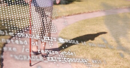 Walking senior woman using red cane, wearing skirt and dark shoes on paved path, halftone overlay