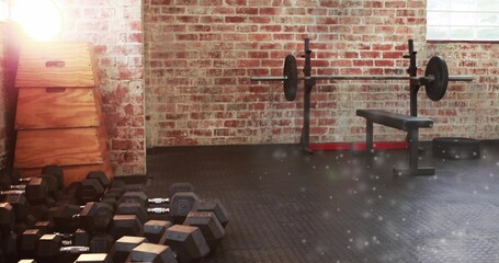 Showing cluster of hexagonal dumbbells sitting on left at garage gym corner, with bench and barbell © vectorfusionart