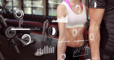 Standing fit female white-sports-bra pink-straps and male dark-tshirt, showing HUD at gym dumbbells