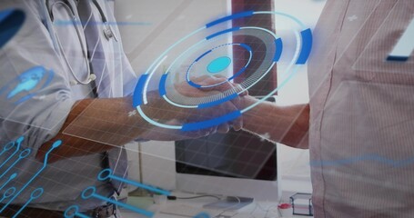 Shaking hands white-coat doctor and striped-shirt patient in clinic, with hologram and stethoscope