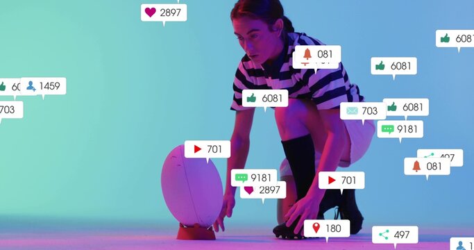 Crouching model in striped top, roller skates steadying egg on orange cone in studio with icons - Powered by Adobe