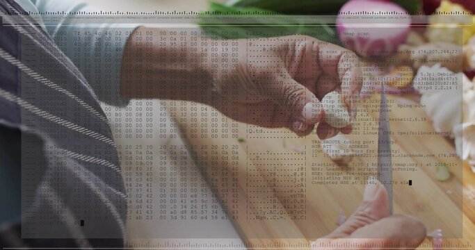 Peeling senior Indian's hands preparing radish on wooden cutting board, peeler and code overlay - Powered by Adobe