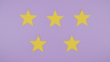 Fototapeta premium Minimalist Lavender Plastic Wall with Five Yellow Star Papers in Symmetrical Row Formation