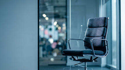 Empty modern black office chair in a glass-walled conference room