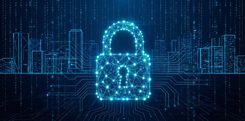 Glowing digital blue padlock surrounded by network connections