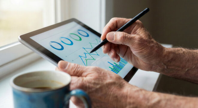 Hands utilizing a stylus pen on a tablet displaying financial charts and graphs - Powered by Adobe