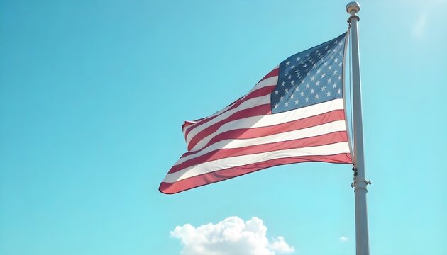 An American flag waves in the wind, symbolizing Irish American Heritage Month and the bicultural identity of Irish Americans