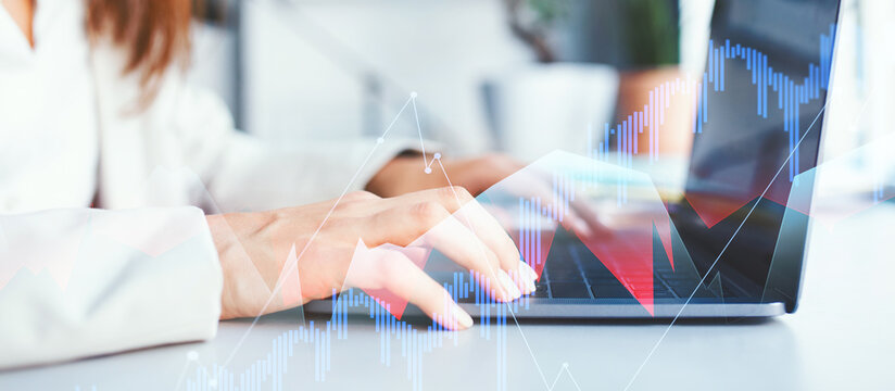 Focused businesswoman works on her laptop in a modern coworking space. Digital graphics overlay highlights productivity and collaboration in a vibrant environment. - Powered by Adobe