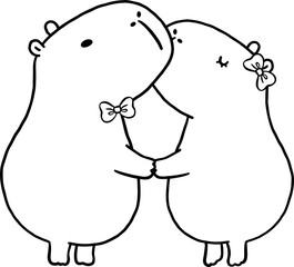 Two Kawaii Capybara Valentine Kissing in Love Outline Cartoon