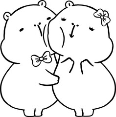 Two Kawaii Capybara Valentine Outline Cartoon cheek to cheek and Hugging