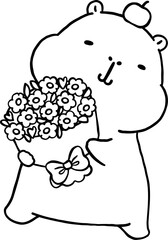Kawaii Capybara Valentine Outline Cartoon Holding Flower Bouquet