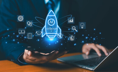 Futuristic AI startup concept featuring a glowing rocket launching from a digital device surrounded by icons of innovation, analytics, finance strategy and technology in a modern business environment.