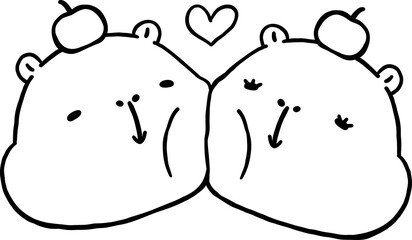 Two Kawaii Capybaras Valentine Outline Cartoon Cheek on Cheek