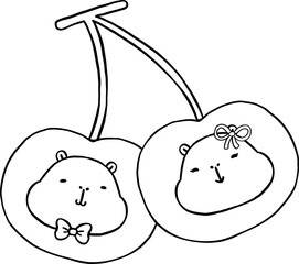 Kawaii Capybara Valentine Outline Cartoon Cherries