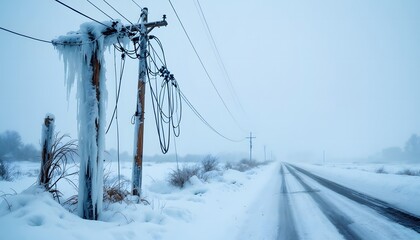 Fototapeta premium Icy Winter Scene with Power Poles and Snowy Road Under a Misty Sky