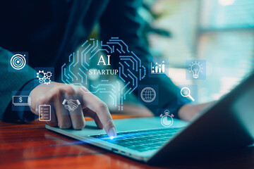 Futuristic AI startup concept featuring a glowing digital brain above a laptop as a businessman interacts with the device, surrounded by icons of analytics, global technology, and business strategy.