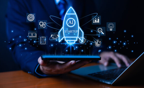 Futuristic AI startup concept featuring a glowing rocket launching from a digital device surrounded by icons of innovation, analytics, finance strategy and technology in a modern business environment. - Powered by Adobe