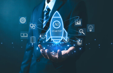 Futuristic AI startup concept showing a glowing rocket hovering above a businessman's hand surrounded by icons of innovation, analytics, finance, digital strategy in a modern technology environment.