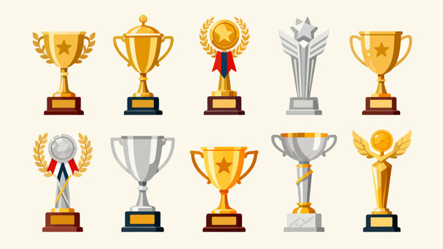 This vibrant illustration showcases a diverse collection of trophies (gold/silver cups, angel statues, star/laurel designs) symbolizing victory, achievement, and competitive honors.