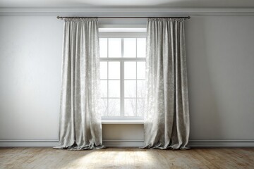 Elegant curtains frame a sunlit window in a room with wooden floors.