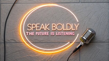 Flat Lay of Microphone Icon Above Glowing Circle Uplifting Text