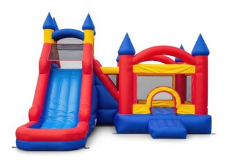 Large inflatable combination play structure features a bouncing area and a tall water slide